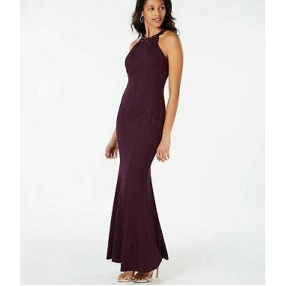 NW Nightway Wine Size 6 Mulberry Glitter-Knit Embellished Evening Gown $130 - Picture 1 of 3
